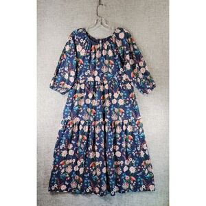 Tea Collection Womens S Blue Floral Midi Dress Stretch Knit Cottage 3/4 Sleeve